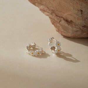 Museori Sterling Silver Daisy Huggie Hoop Earrings White Flower